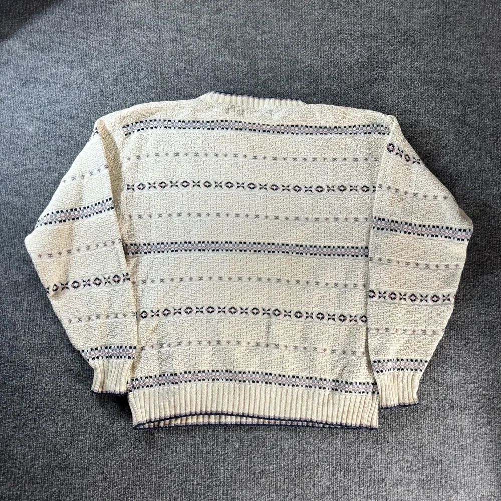 Vintage Isle Of Cotton Sweater Mens Medium White Stripe Waffle Knit Crewneck USA